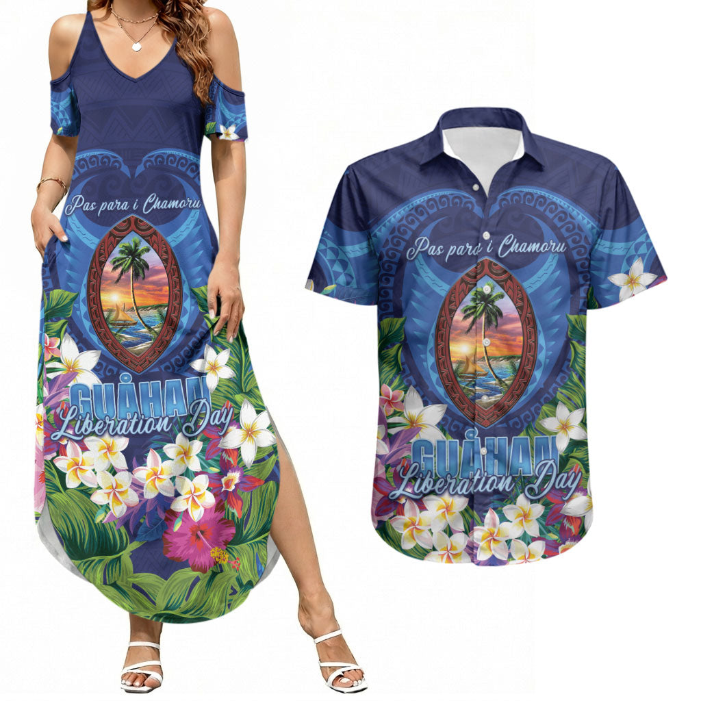 Guam Liberation Day Couples Matching Summer Maxi Dress and Hawaiian Shirt Pas Para I Chamoru LT05 Navy - Polynesian Pride