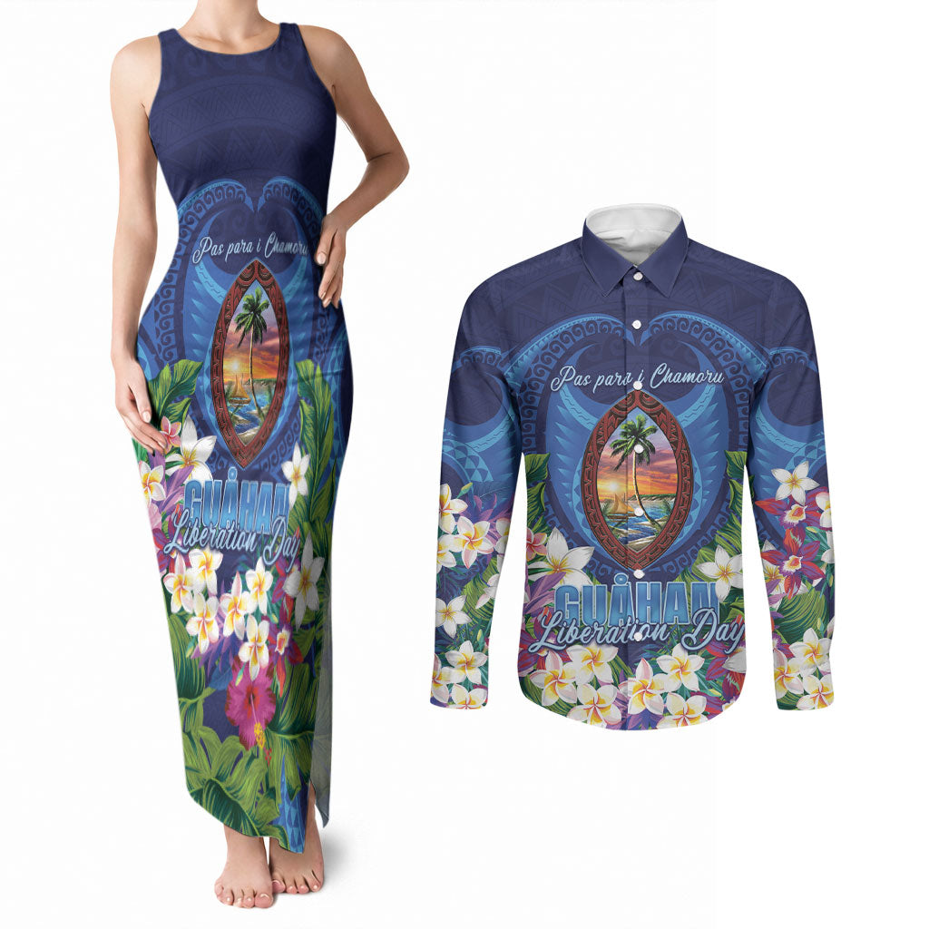 Guam Liberation Day Couples Matching Tank Maxi Dress and Long Sleeve Button Shirt Pas Para I Chamoru LT05 Navy - Polynesian Pride
