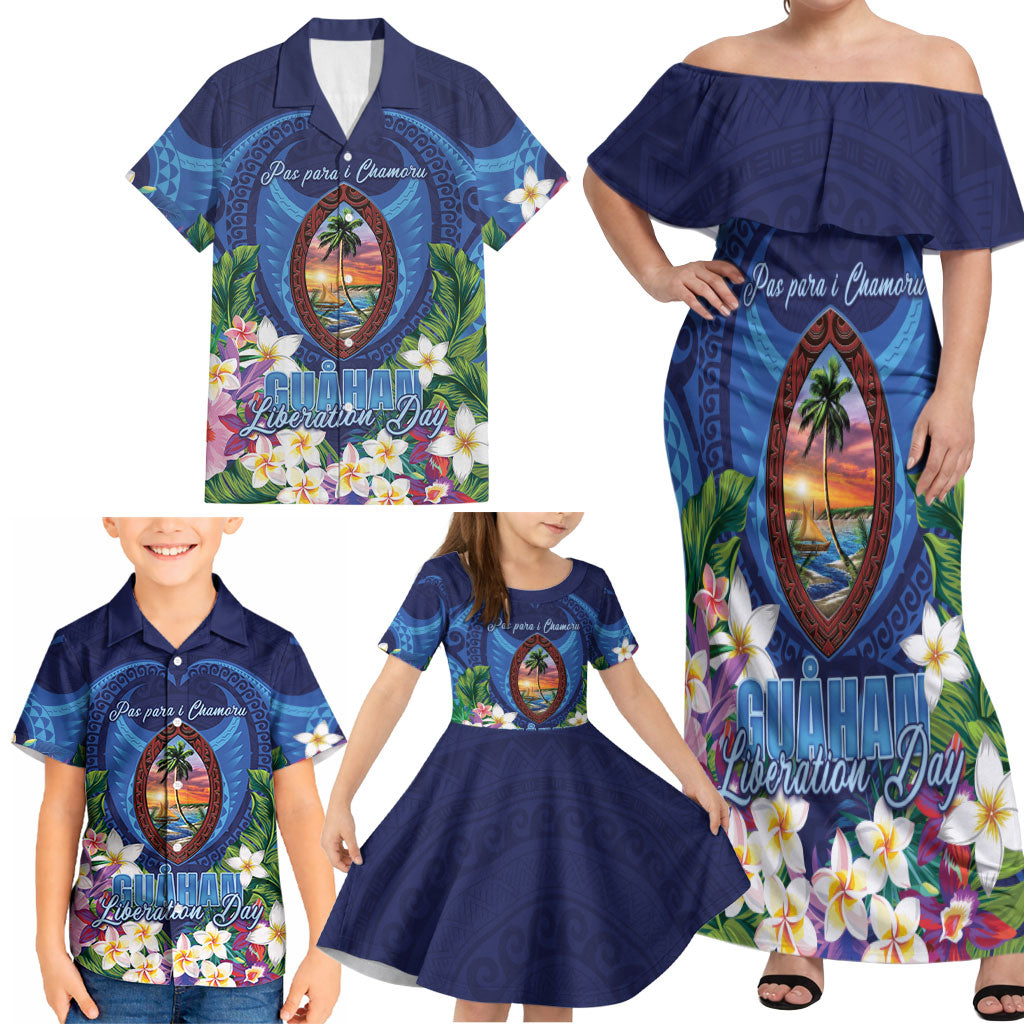 Guam Liberation Day Family Matching Off Shoulder Maxi Dress and Hawaiian Shirt Pas Para I Chamoru LT05 - Polynesian Pride