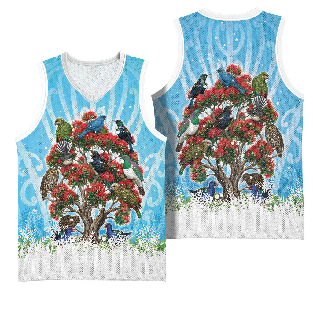 New Zealand Birds Christmas Basketball Jersey Pohutukawa Xmas Tree LT05 - Polynesian Pride