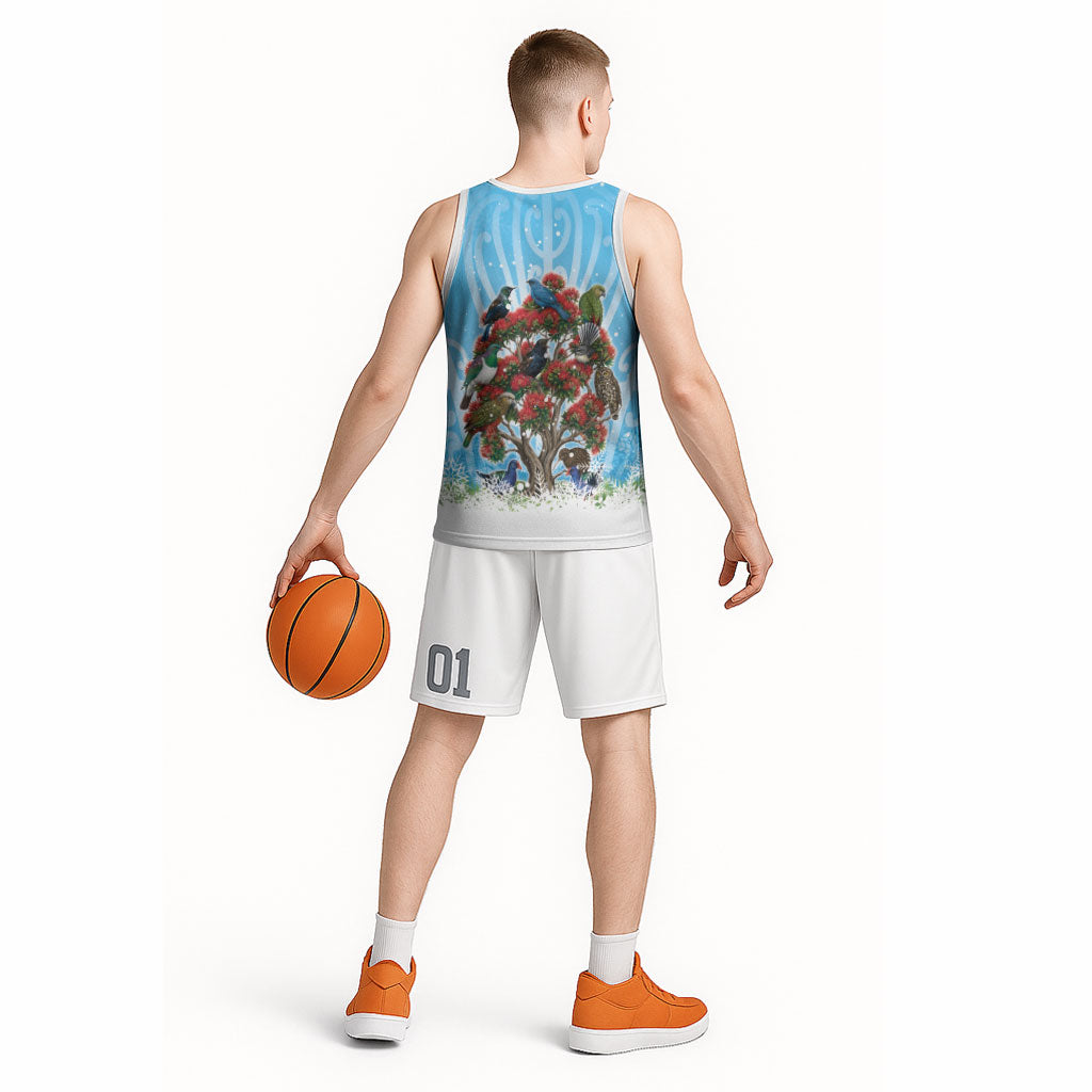 New Zealand Birds Christmas Basketball Jersey Pohutukawa Xmas Tree LT05 - Polynesian Pride