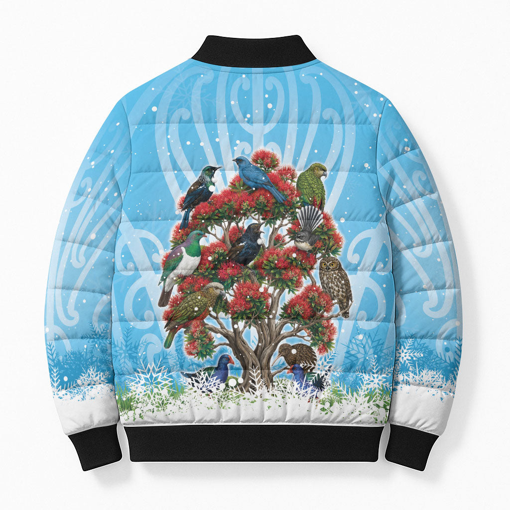 New Zealand Birds Christmas Bomber Puffer Jacket Pohutukawa Xmas Tree LT05 - Polynesian Pride