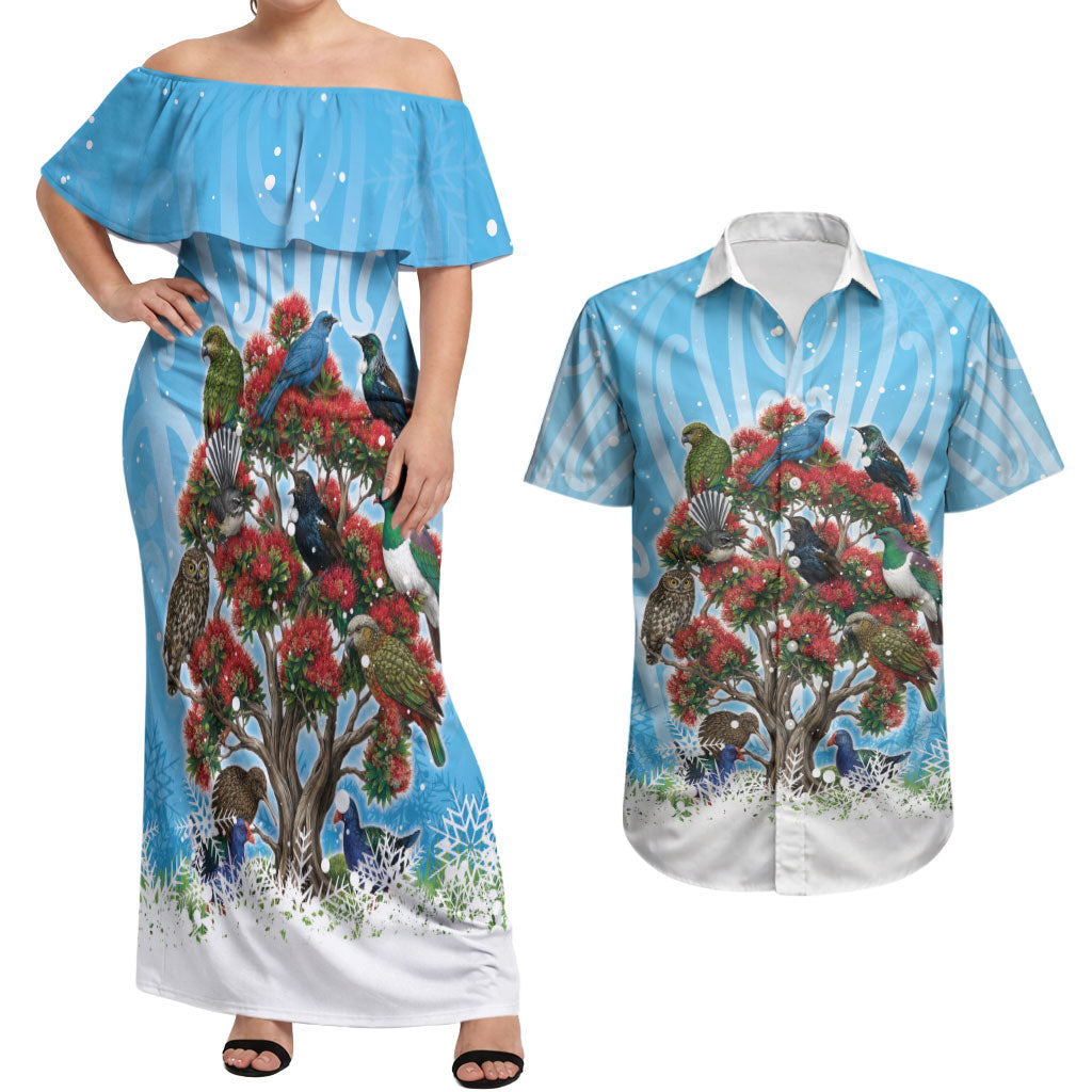 New Zealand Birds Christmas Couples Matching Off Shoulder Maxi Dress and Hawaiian Shirt Pohutukawa Xmas Tree LT05 Blue - Polynesian Pride