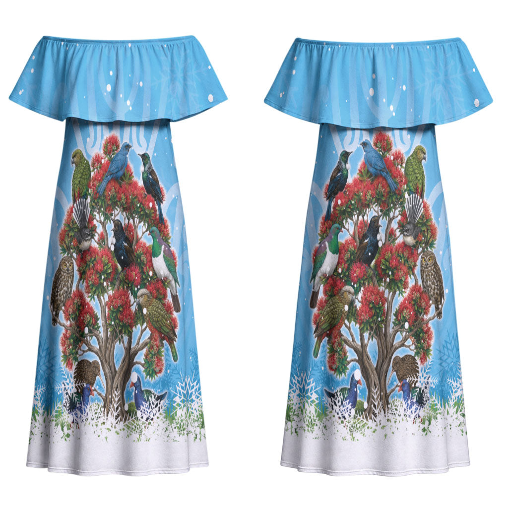New Zealand Birds Christmas Couples Matching Off Shoulder Maxi Dress and Long Sleeve Button Shirt Pohutukawa Xmas Tree LT05 - Polynesian Pride