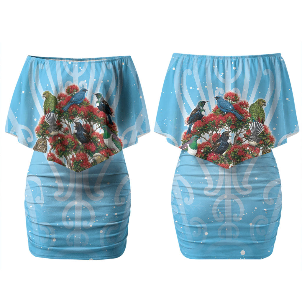 New Zealand Birds Christmas Couples Matching Off Shoulder Short Dress and Hawaiian Shirt Pohutukawa Xmas Tree LT05 - Polynesian Pride