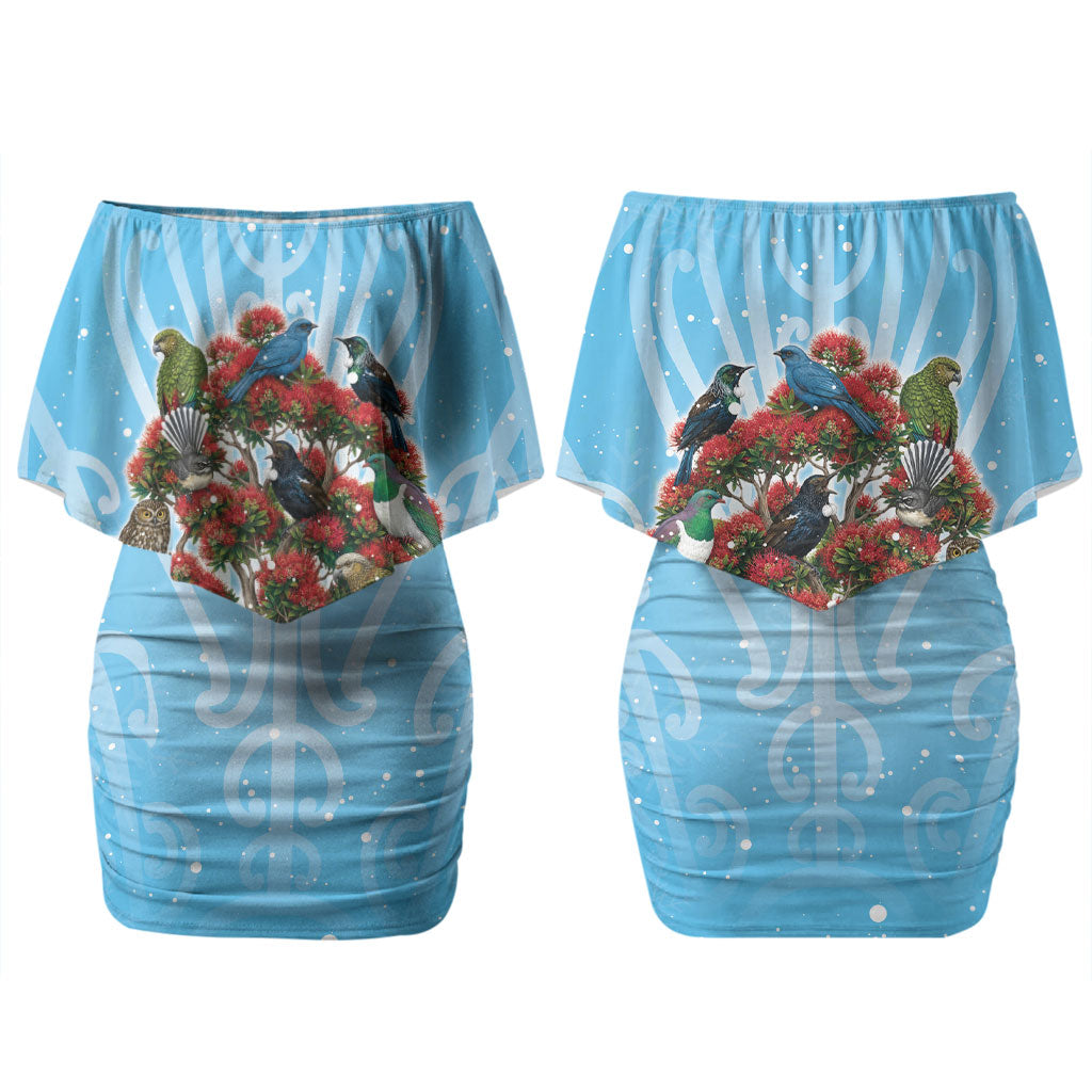 New Zealand Birds Christmas Couples Matching Off Shoulder Short Dress and Long Sleeve Button Shirt Pohutukawa Xmas Tree LT05 - Polynesian Pride