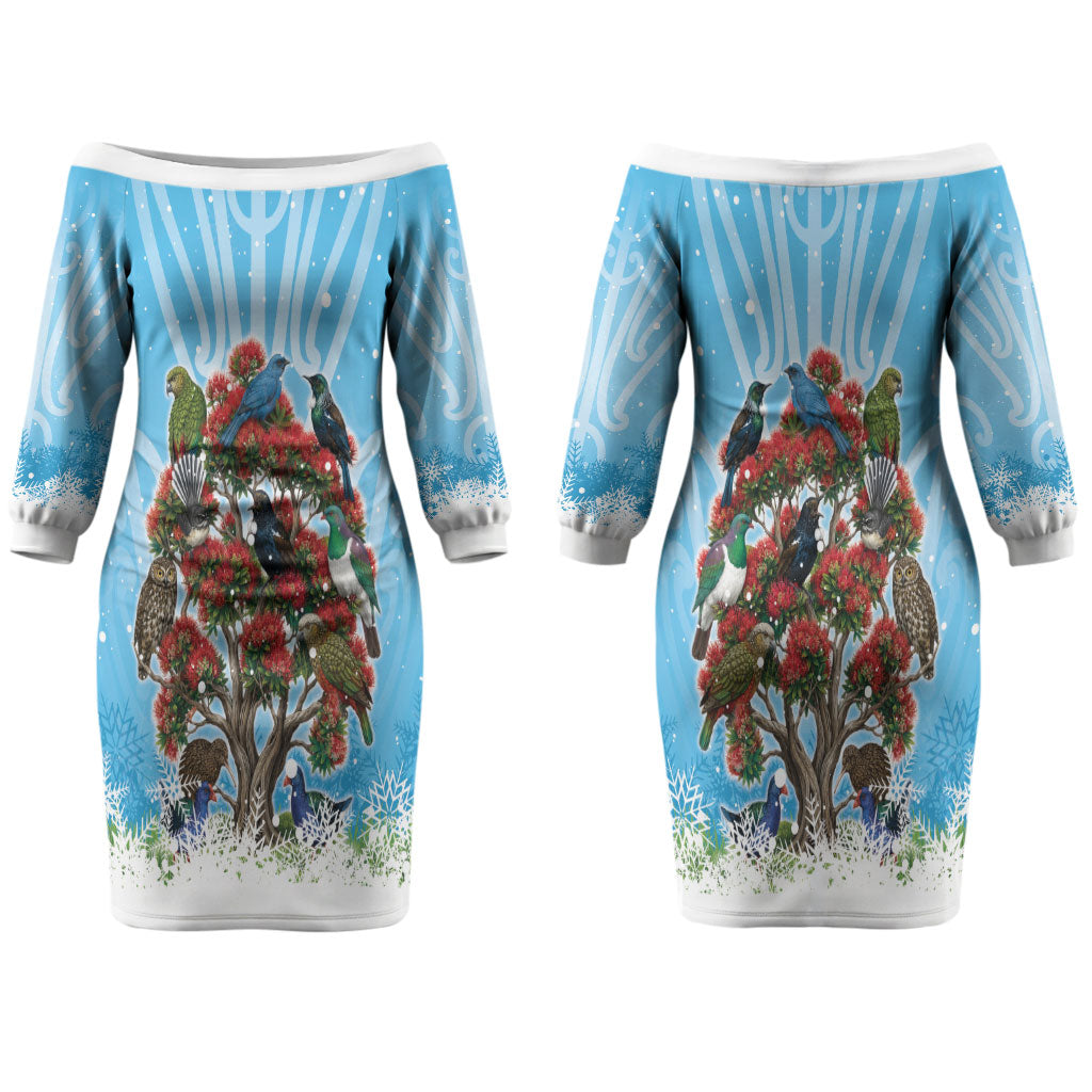 New Zealand Birds Christmas Couples Matching Off The Shoulder Long Sleeve Dress and Hawaiian Shirt Pohutukawa Xmas Tree LT05 - Polynesian Pride