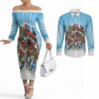 New Zealand Birds Christmas Couples Matching Off The Shoulder Long Sleeve Dress and Long Sleeve Button Shirt Pohutukawa Xmas Tree LT05 Blue - Polynesian Pride