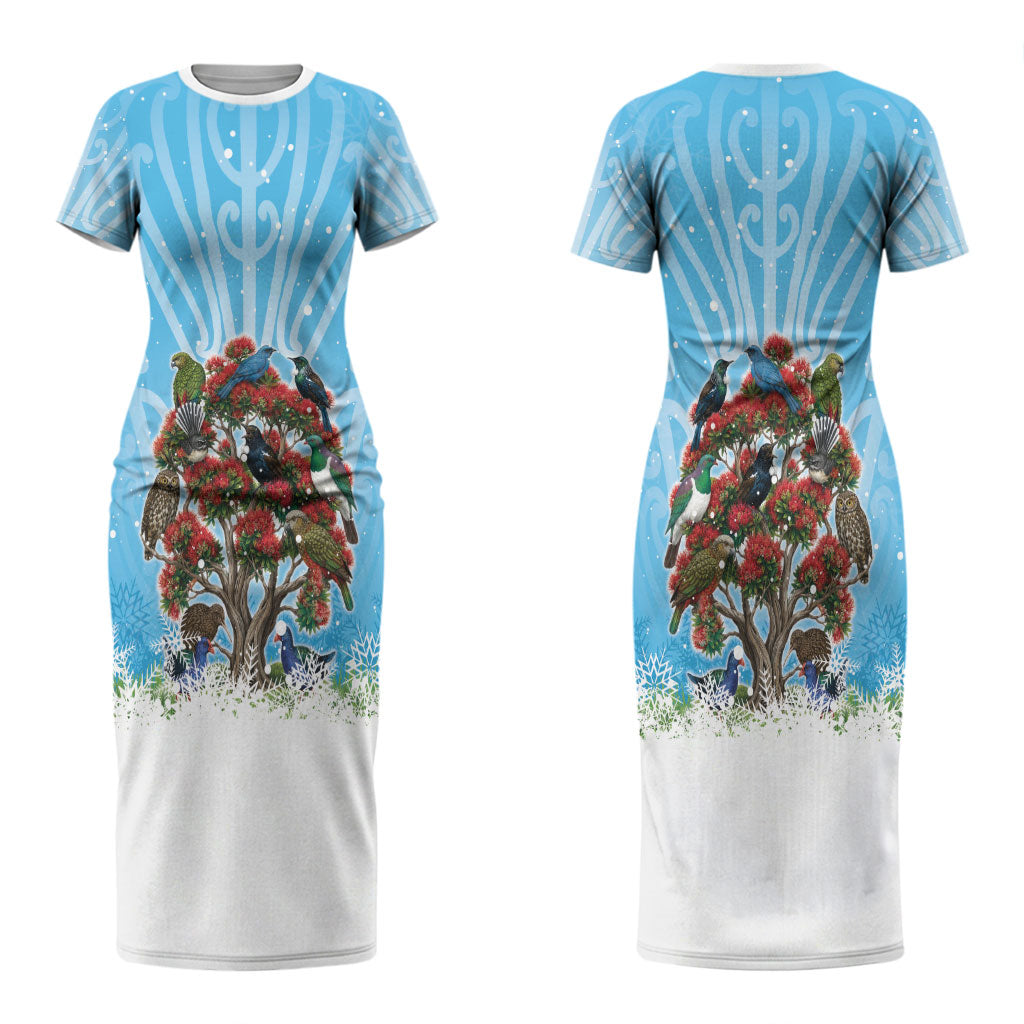 New Zealand Birds Christmas Couples Matching Short Sleeve Bodycon Dress and Long Sleeve Button Shirt Pohutukawa Xmas Tree LT05 - Polynesian Pride