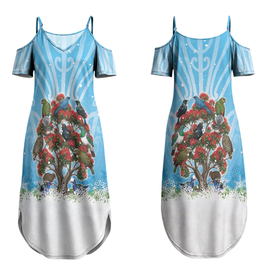 New Zealand Birds Christmas Couples Matching Summer Maxi Dress and Hawaiian Shirt Pohutukawa Xmas Tree LT05 - Polynesian Pride