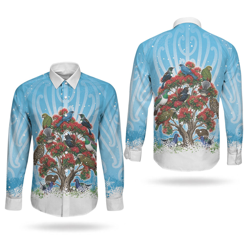 New Zealand Birds Christmas Couples Matching Tank Maxi Dress and Long Sleeve Button Shirt Pohutukawa Xmas Tree LT05 - Polynesian Pride