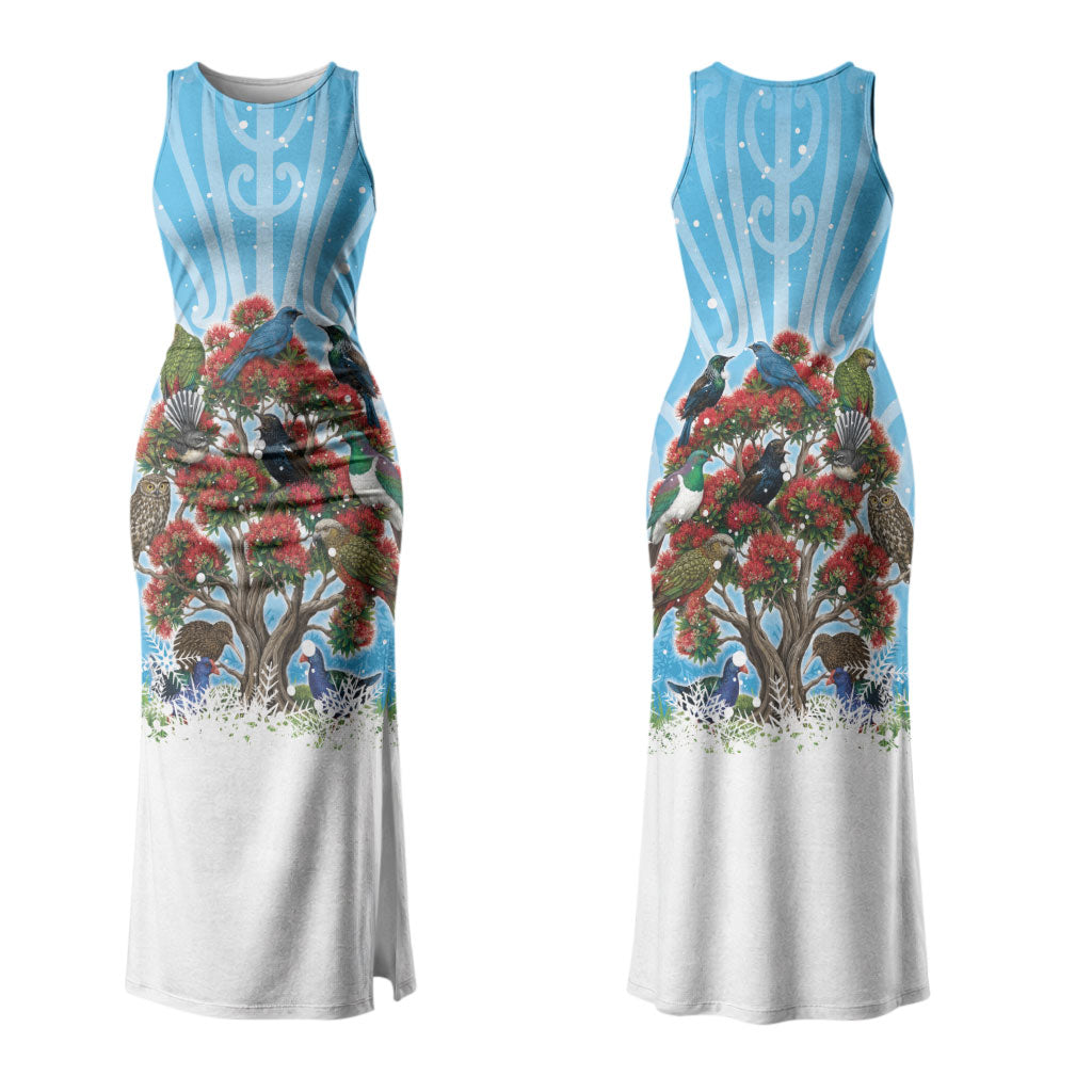 New Zealand Birds Christmas Couples Matching Tank Maxi Dress and Long Sleeve Button Shirt Pohutukawa Xmas Tree LT05 - Polynesian Pride