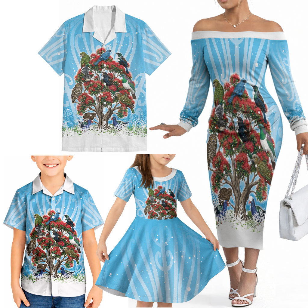 New Zealand Birds Christmas Family Matching Off The Shoulder Long Sleeve Dress and Hawaiian Shirt Pohutukawa Xmas Tree LT05 - Polynesian Pride