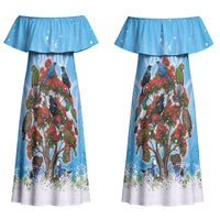 New Zealand Birds Christmas Family Matching Off Shoulder Maxi Dress and Hawaiian Shirt Pohutukawa Xmas Tree LT05 Mom's Dress Blue - Polynesian Pride