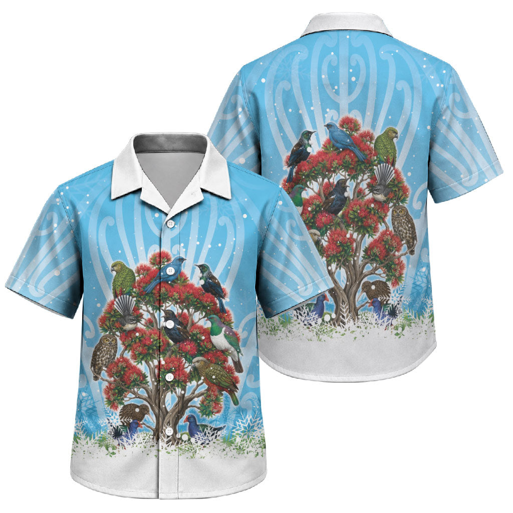 New Zealand Birds Christmas Family Matching Off Shoulder Short Dress and Hawaiian Shirt Pohutukawa Xmas Tree LT05 Son's Shirt Blue - Polynesian Pride
