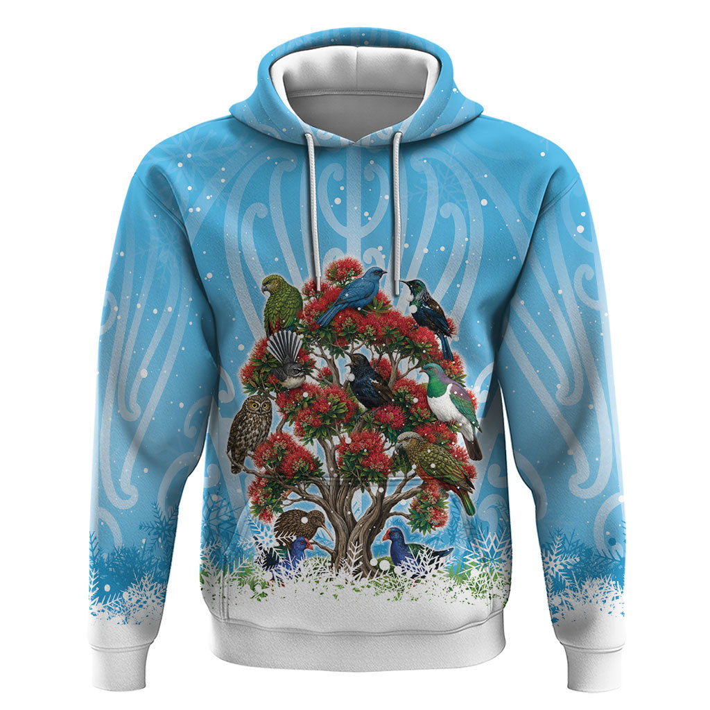 New Zealand Birds Christmas Hoodie Pohutukawa Xmas Tree LT05 Pullover Hoodie Blue - Polynesian Pride