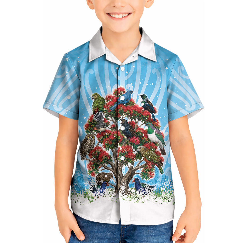New Zealand Birds Christmas Kid Hawaiian Shirt Pohutukawa Xmas Tree LT05 Kid Blue - Polynesian Pride