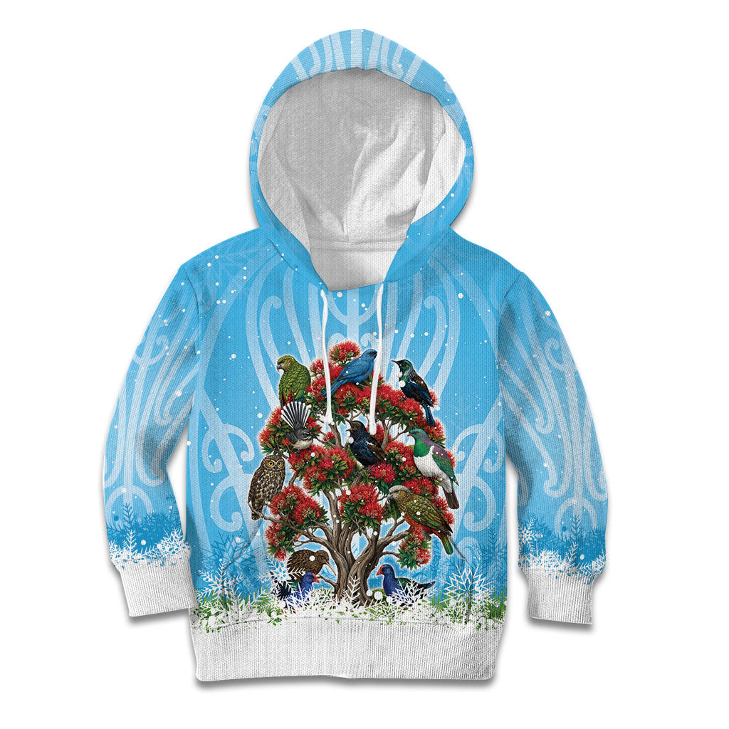 New Zealand Birds Christmas Kid Hoodie Pohutukawa Xmas Tree LT05 Hoodie Blue - Polynesian Pride