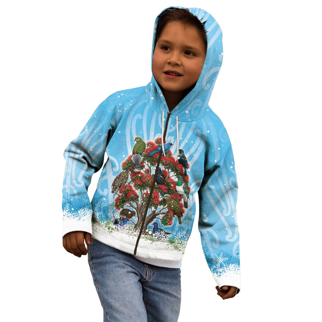 New Zealand Birds Christmas Kid Hoodie Pohutukawa Xmas Tree LT05 - Polynesian Pride