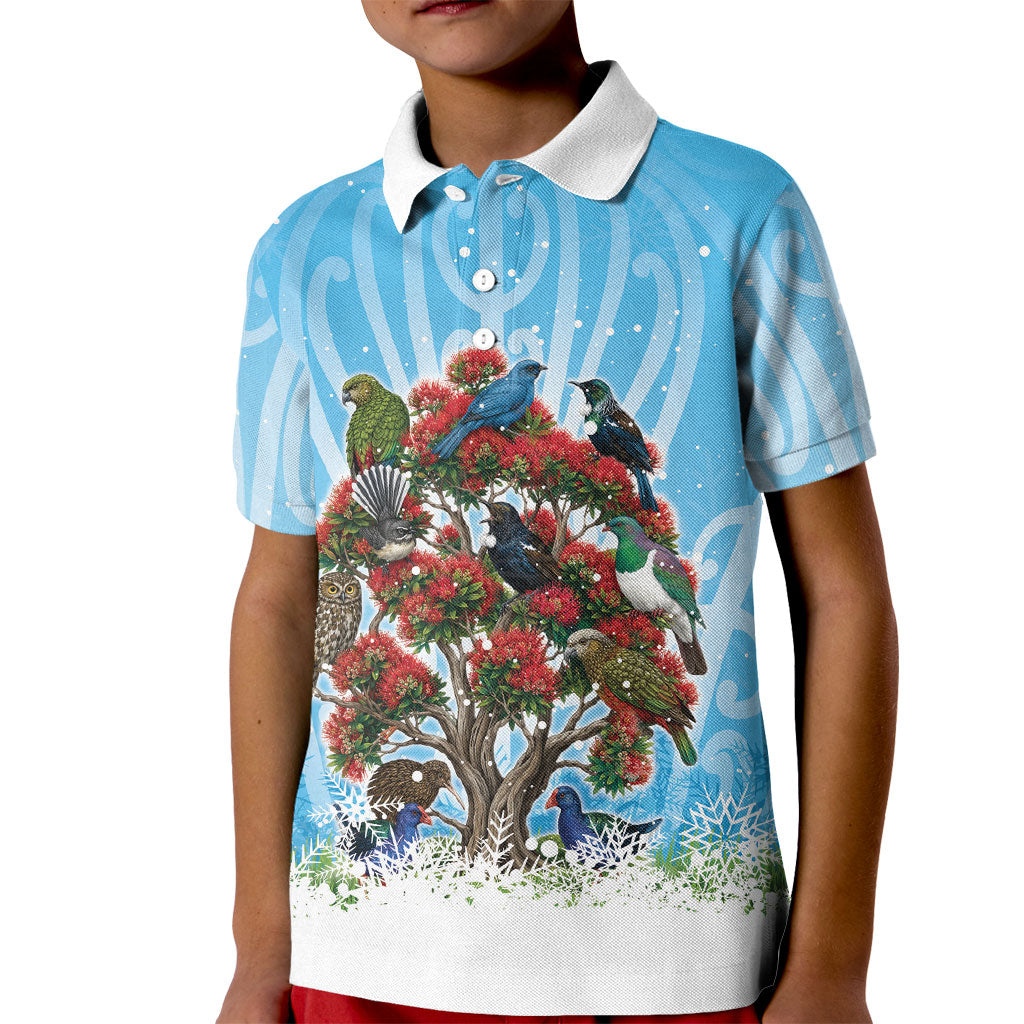 New Zealand Birds Christmas Kid Polo Shirt Pohutukawa Xmas Tree LT05 Kid Blue - Polynesian Pride