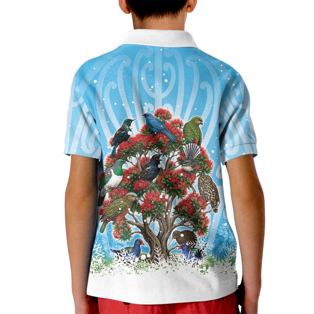New Zealand Birds Christmas Kid Polo Shirt Pohutukawa Xmas Tree LT05 - Polynesian Pride
