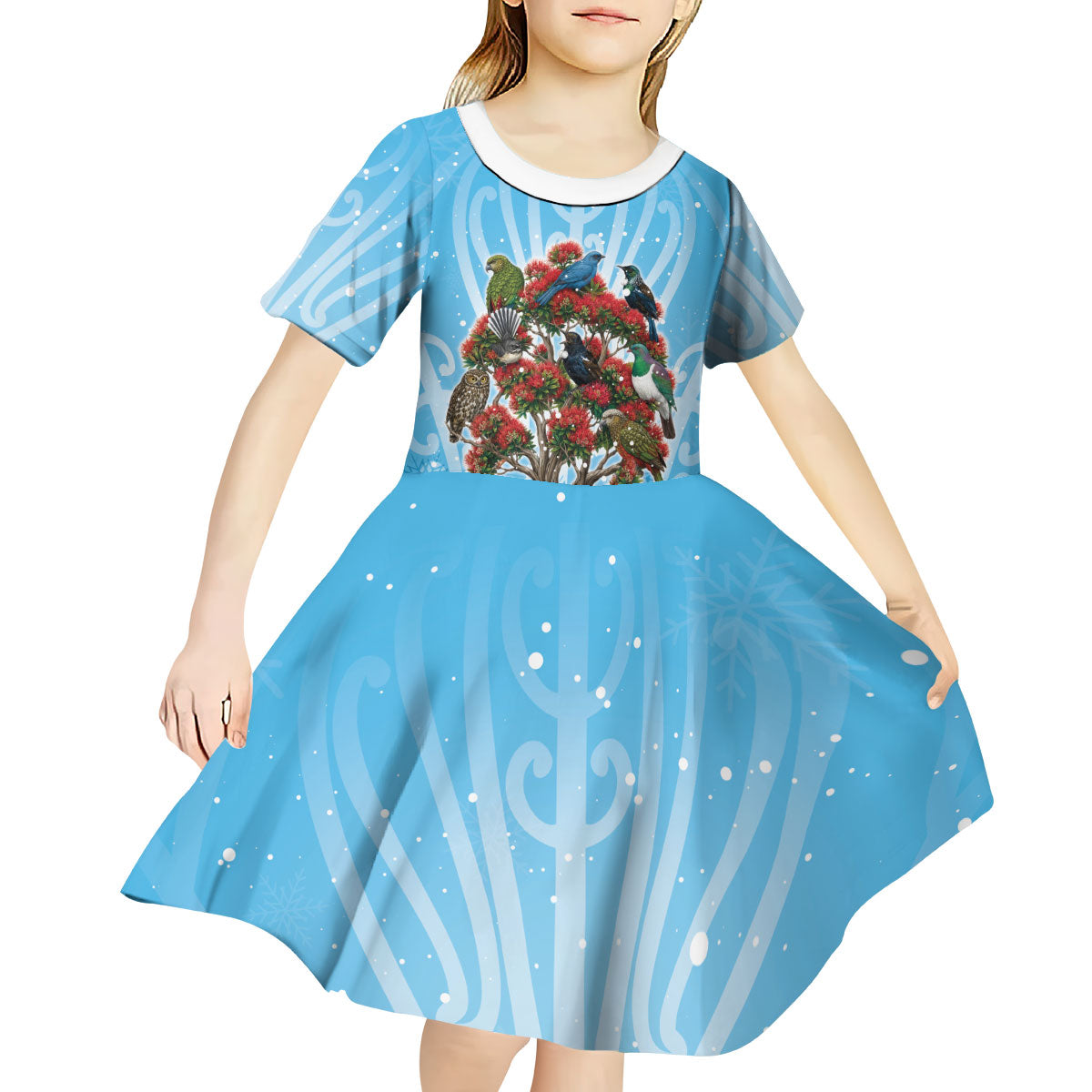 New Zealand Birds Christmas Kid Short Sleeve Dress Pohutukawa Xmas Tree LT05 - Polynesian Pride