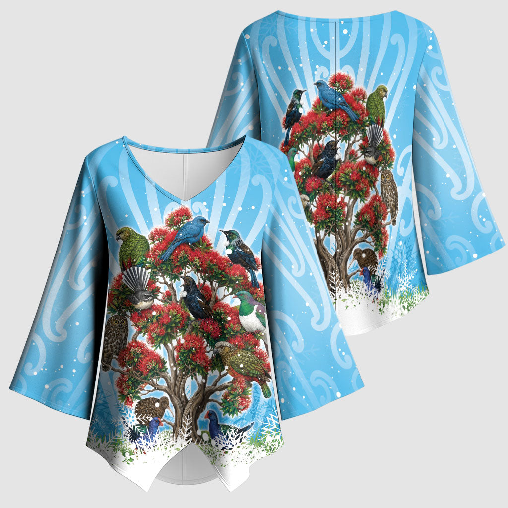 New Zealand Birds Christmas Kimono Sleeve Blouse Pohutukawa Xmas Tree LT05 - Polynesian Pride
