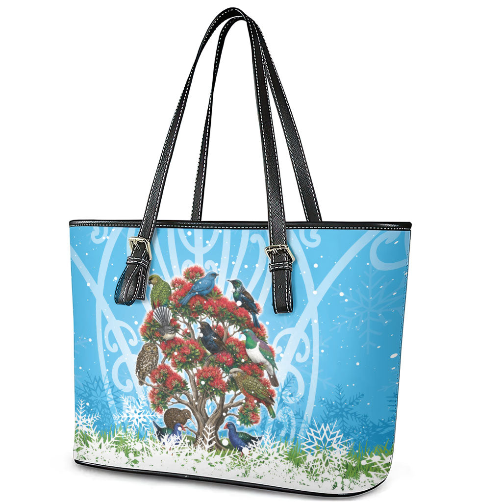 New Zealand Birds Christmas Leather Tote Bag Pohutukawa Xmas Tree LT05 - Polynesian Pride