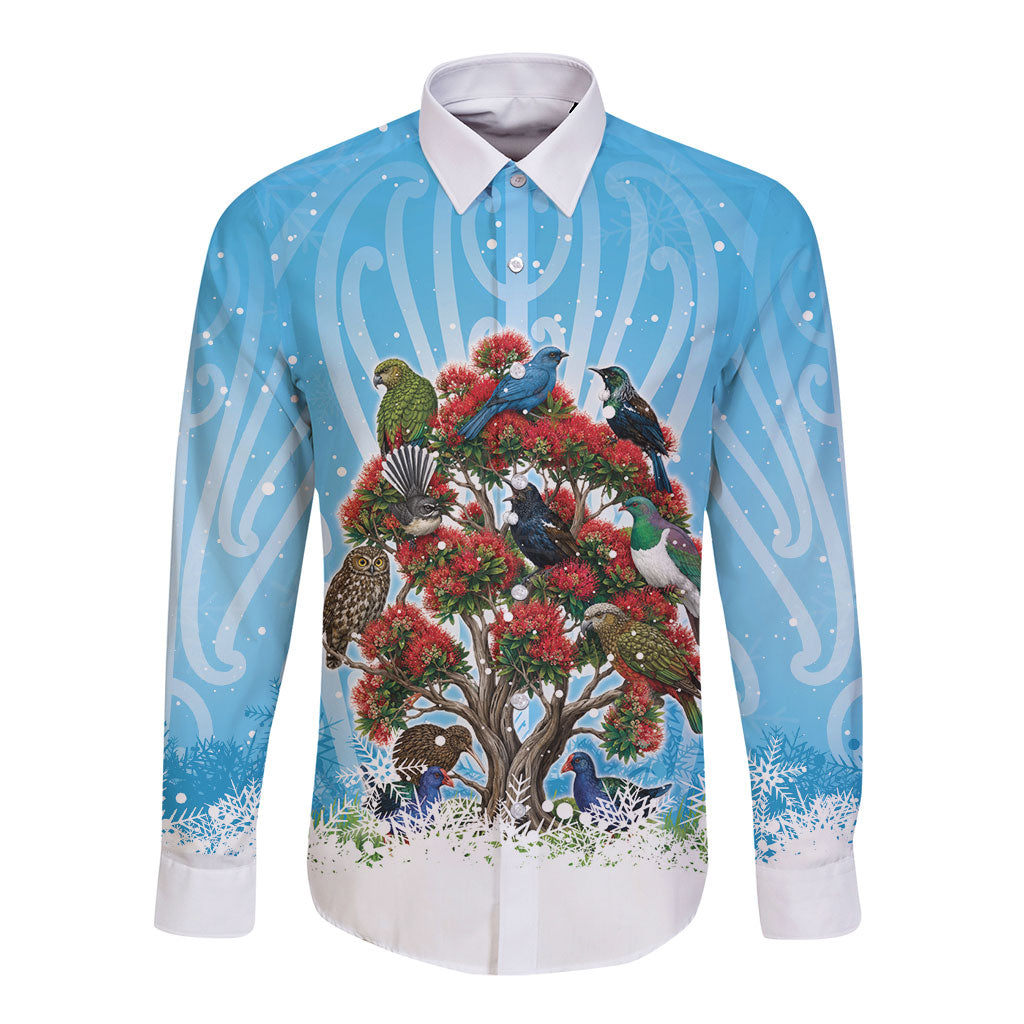 New Zealand Birds Christmas Long Sleeve Button Shirt Pohutukawa Xmas Tree LT05 Unisex Blue - Polynesian Pride