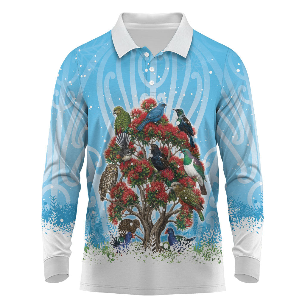New Zealand Birds Christmas Long Sleeve Polo Shirt Pohutukawa Xmas Tree LT05 Blue - Polynesian Pride