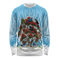 New Zealand Birds Christmas Long Sleeve Shirt Pohutukawa Xmas Tree LT05 Unisex Blue - Polynesian Pride