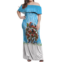 New Zealand Birds Christmas Off Shoulder Maxi Dress Pohutukawa Xmas Tree LT05 Women Blue - Polynesian Pride