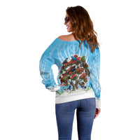 New Zealand Birds Christmas Off Shoulder Sweater Pohutukawa Xmas Tree LT05 - Polynesian Pride