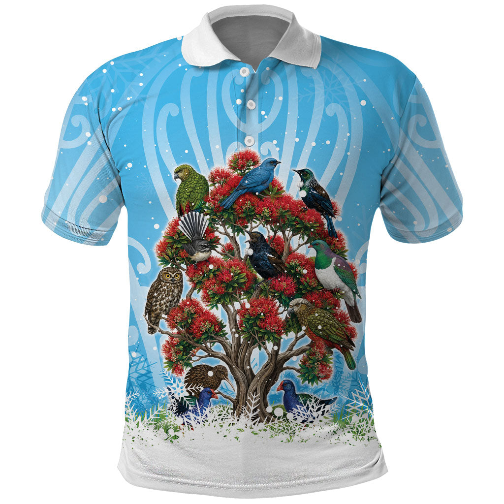 New Zealand Birds Christmas Polo Shirt Pohutukawa Xmas Tree LT05 Blue - Polynesian Pride