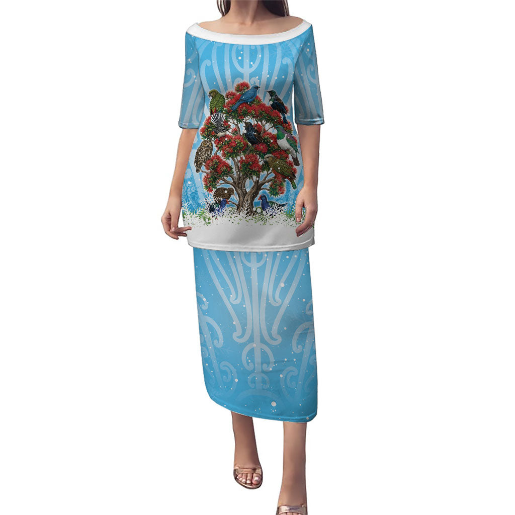 New Zealand Birds Christmas Puletasi Pohutukawa Xmas Tree LT05 Long Dress Blue - Polynesian Pride
