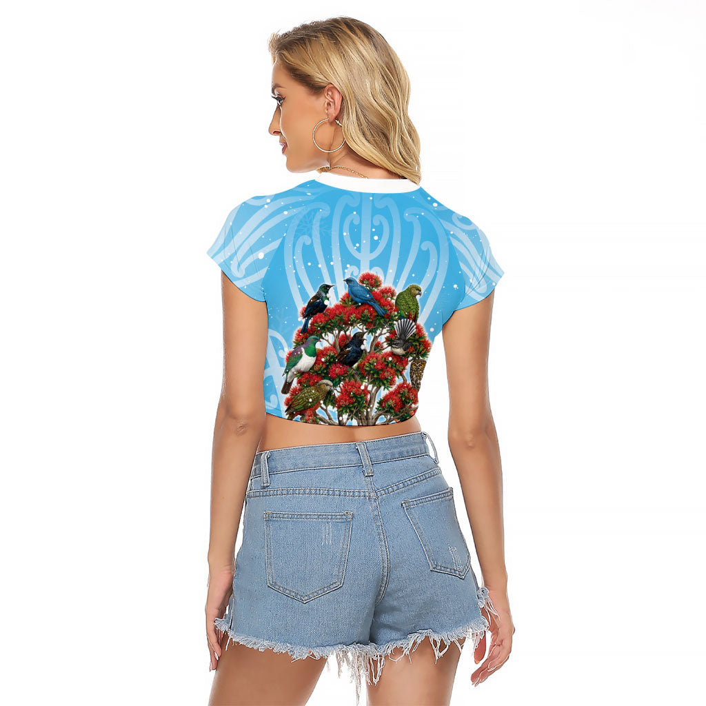 New Zealand Birds Christmas Raglan Cropped T Shirt Pohutukawa Xmas Tree LT05 - Polynesian Pride
