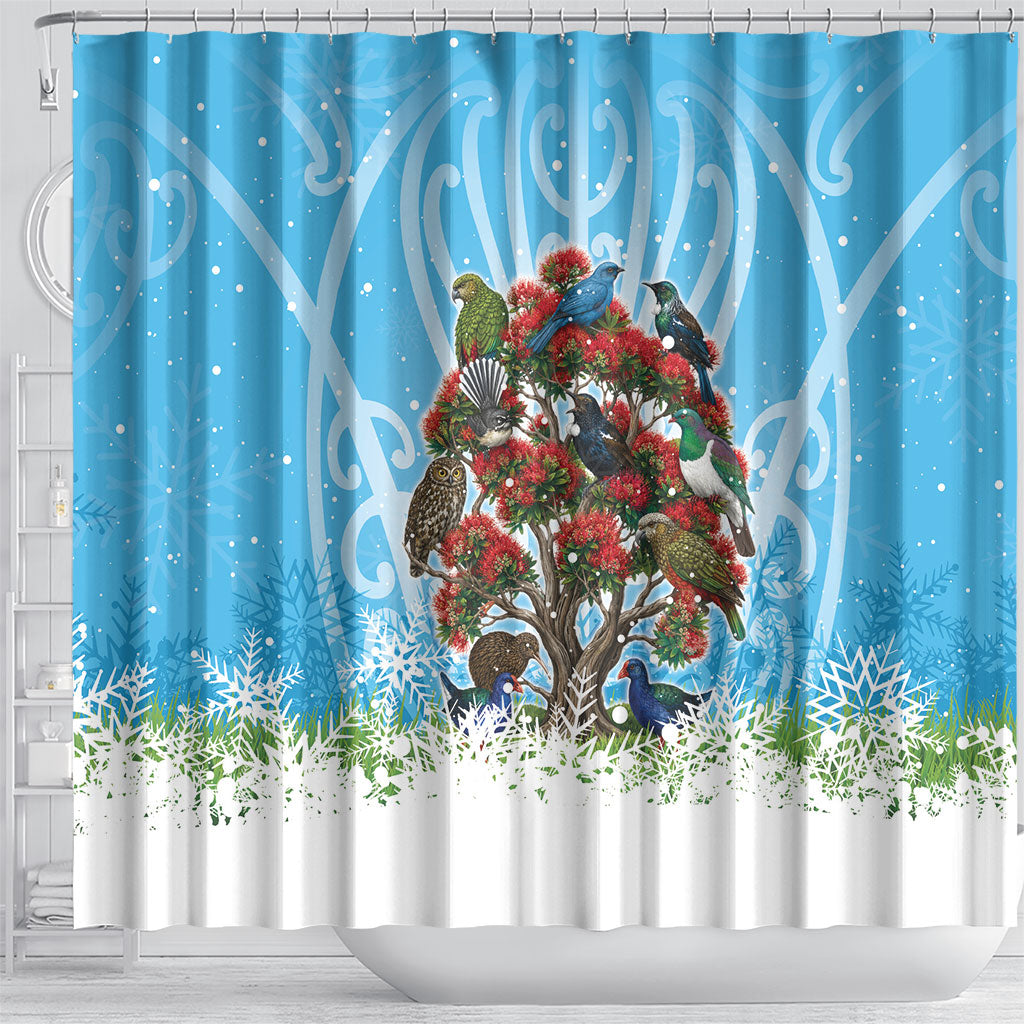 New Zealand Birds Christmas Shower Curtain Pohutukawa Xmas Tree LT05 - Polynesian Pride