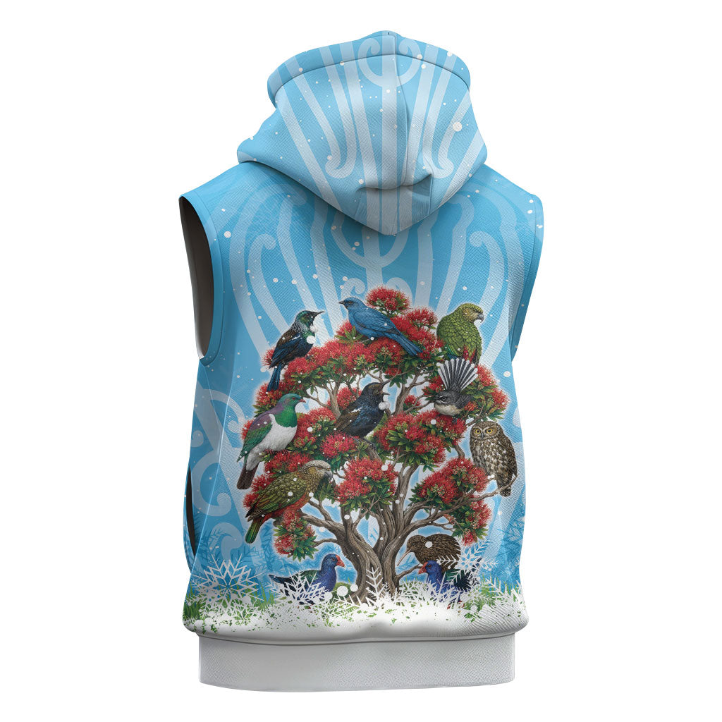 New Zealand Birds Christmas Sleeveless Hoodie Pohutukawa Xmas Tree LT05 - Polynesian Pride