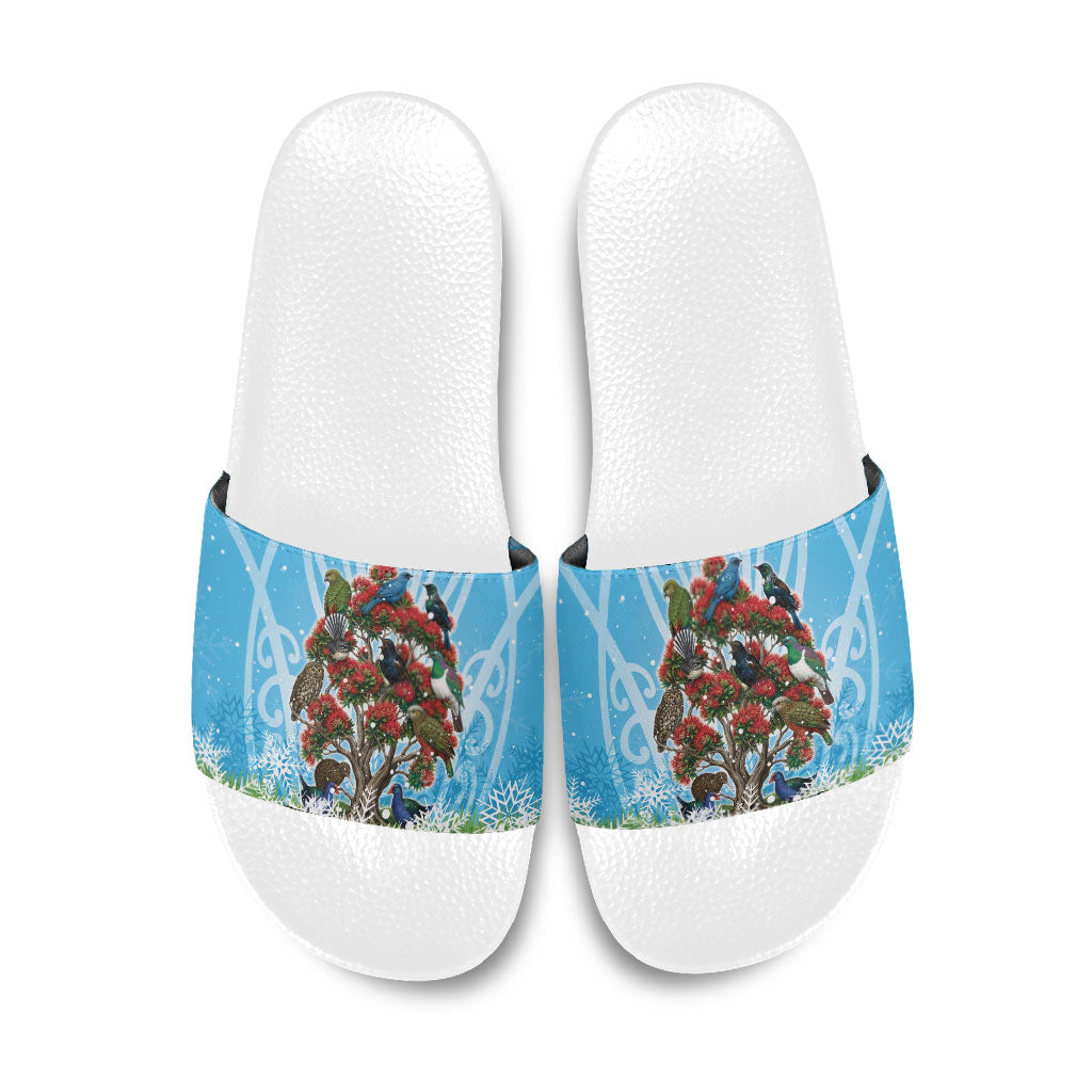 New Zealand Birds Christmas Slide Sandals Pohutukawa Xmas Tree LT05 Blue - Polynesian Pride
