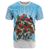 New Zealand Birds Christmas T Shirt Pohutukawa Xmas Tree LT05 Blue - Polynesian Pride