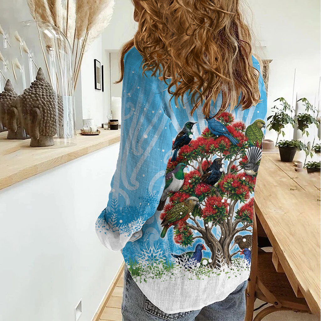 New Zealand Birds Christmas Women Casual Shirt Pohutukawa Xmas Tree LT05 - Polynesian Pride