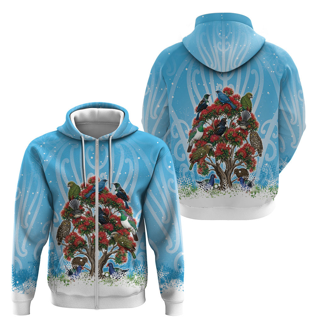 New Zealand Birds Christmas Zip Hoodie Pohutukawa Xmas Tree LT05 - Polynesian Pride