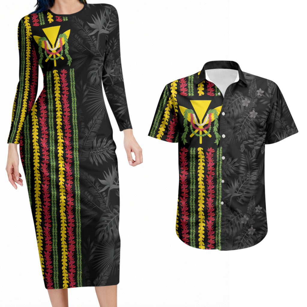 Hawaii Lei Kanaka Maoli Flag Couples Matching Long Sleeve Bodycon Dress and Hawaiian Shirt Tropical Vibes LT05 Black - Polynesian Pride