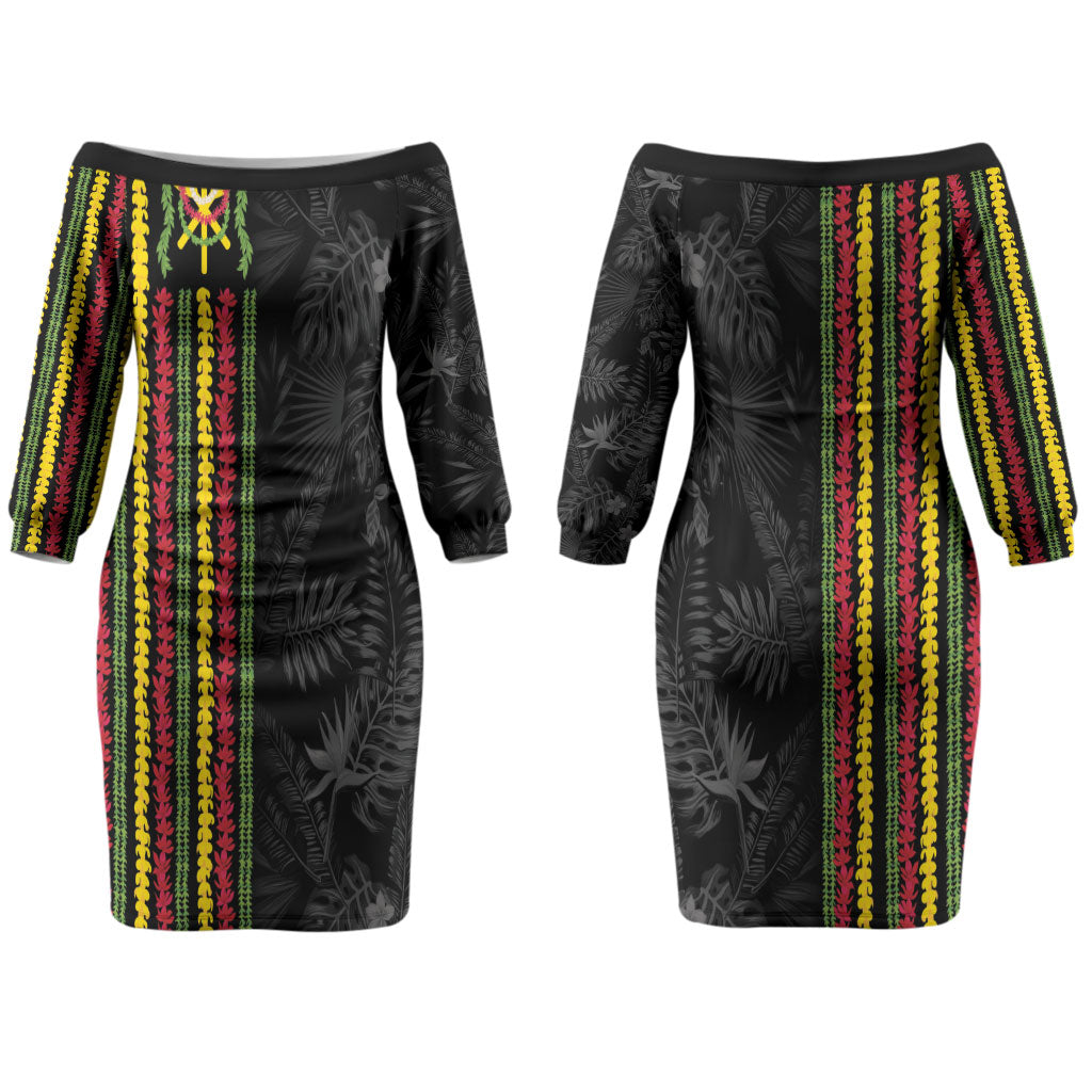 Hawaii Lei Kanaka Maoli Flag Couples Matching Off The Shoulder Long Sleeve Dress and Hawaiian Shirt Tropical Vibes LT05 - Polynesian Pride
