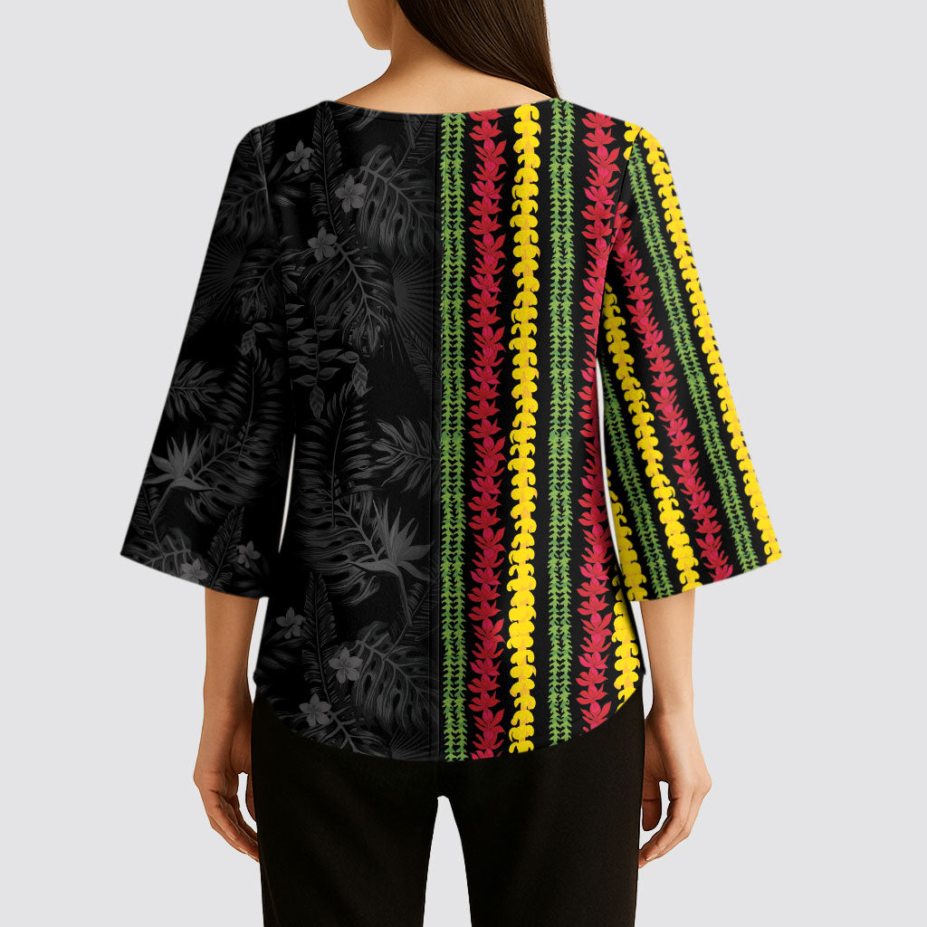 Hawaii Lei Kanaka Maoli Flag Kimono Sleeve Blouse Tropical Vibes LT05 - Polynesian Pride