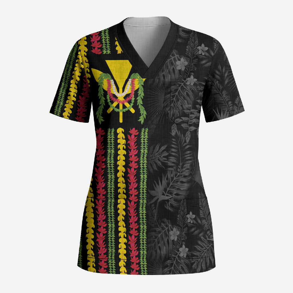 Hawaii Lei Kanaka Maoli Flag Scrub Top Tropical Vibes LT05 Adult Black - Polynesian Pride