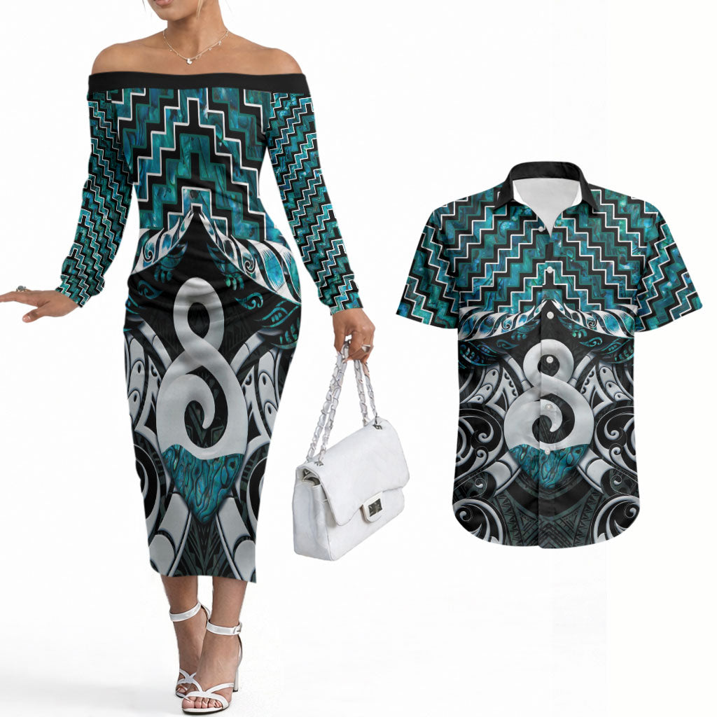 New Zealand Maori Couples Matching Off The Shoulder Long Sleeve Dress and Hawaiian Shirt Poutama Pikorua - Single Twist Paua Shell