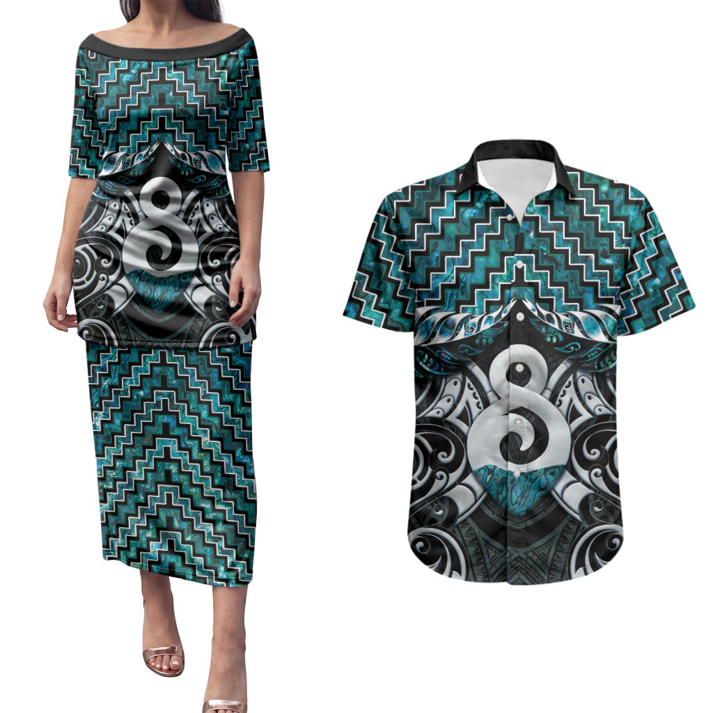 New Zealand Maori Couples Matching Puletasi and Hawaiian Shirt Poutama Pikorua - Single Twist Paua Shell