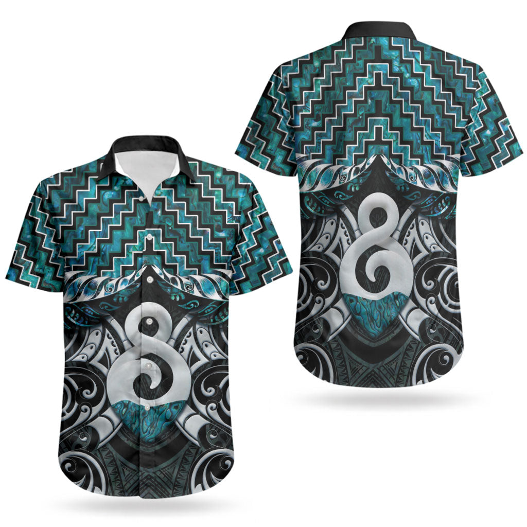 New Zealand Maori Couples Matching Short Sleeve Bodycon Dress and Hawaiian Shirt Poutama Pikorua - Single Twist Paua Shell