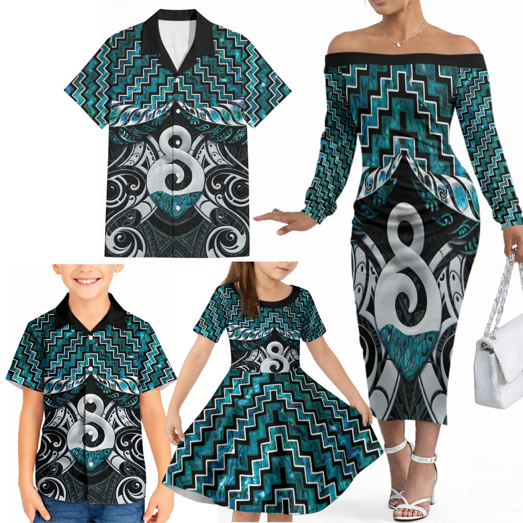 New Zealand Maori Family Matching Off The Shoulder Long Sleeve Dress and Hawaiian Shirt Poutama Pikorua - Single Twist Paua Shell LT05 - Polynesian Pride